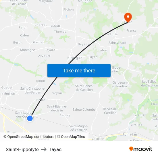 Saint-Hippolyte to Tayac map