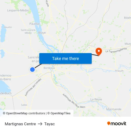 Martignas Centre to Tayac map
