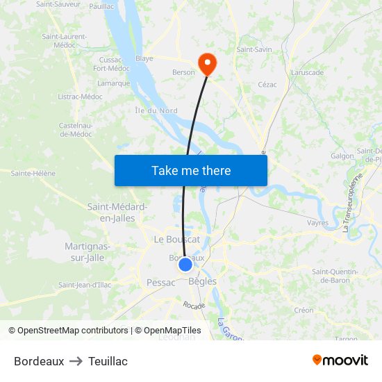 Bordeaux to Teuillac map