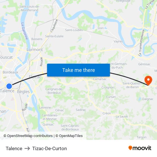 Talence to Tizac-De-Curton map
