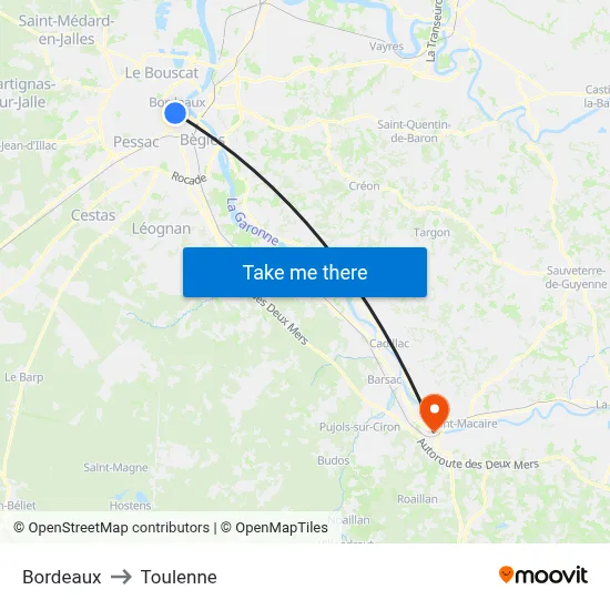 Bordeaux to Toulenne map