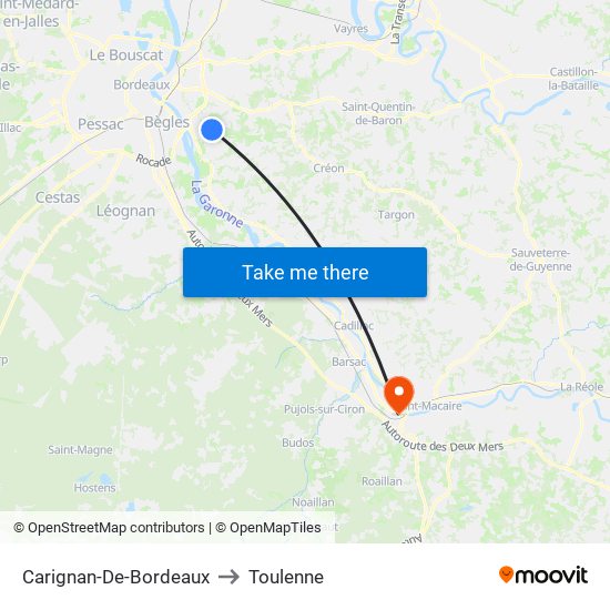 Carignan-De-Bordeaux to Toulenne map