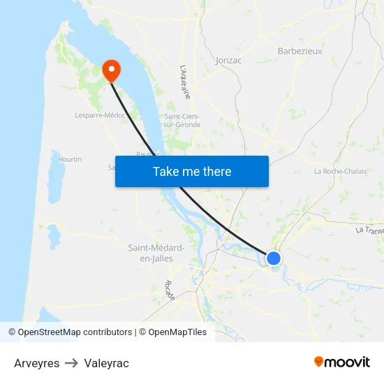 Arveyres to Valeyrac map