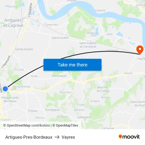 Artigues-Pres-Bordeaux to Vayres map