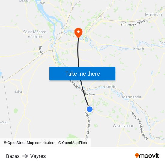 Bazas to Vayres map