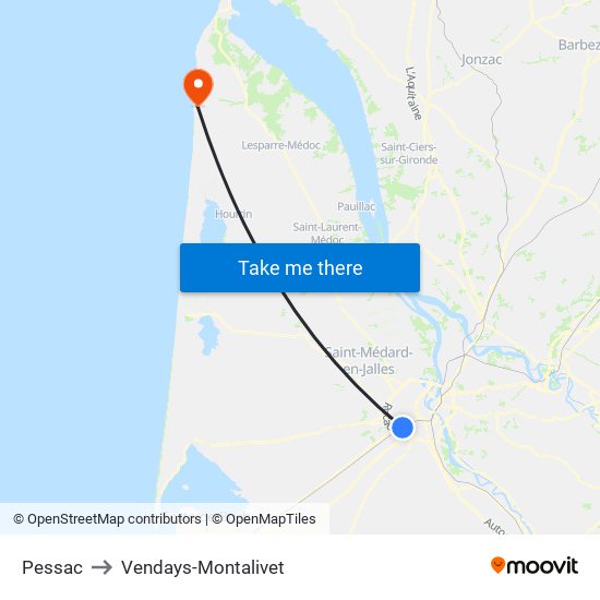 Pessac to Vendays-Montalivet map