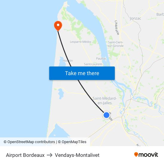 Airport Bordeaux to Vendays-Montalivet map