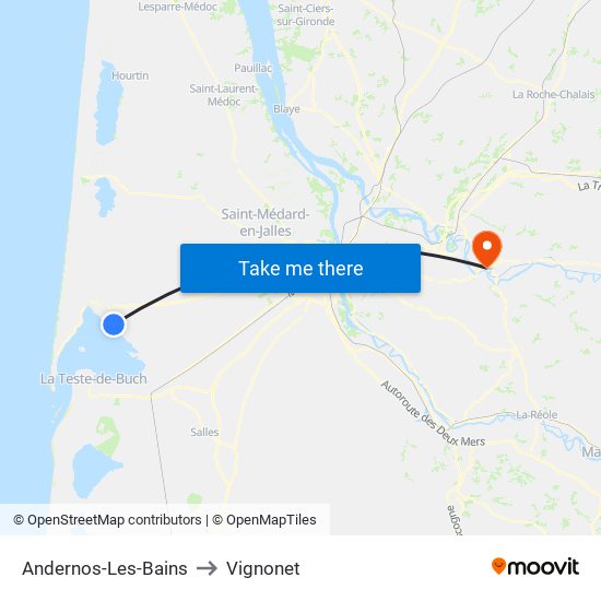 Andernos-Les-Bains to Vignonet map