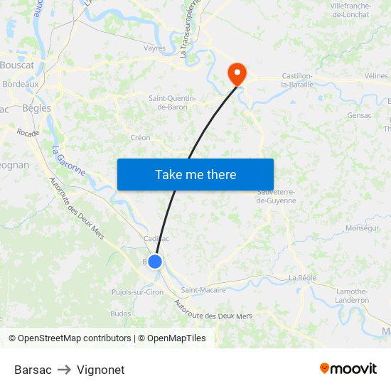 Barsac to Vignonet map