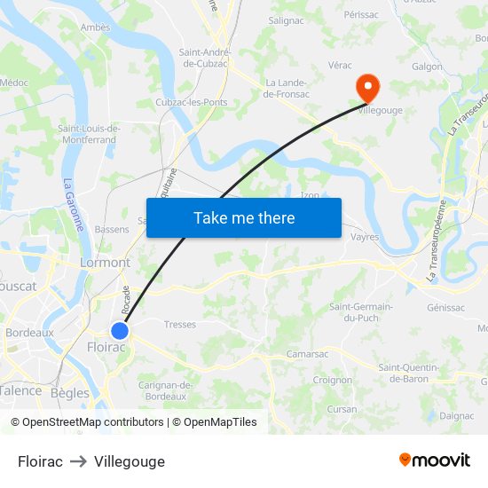 Floirac to Villegouge map