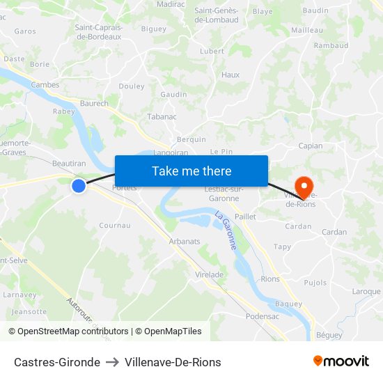 Castres-Gironde to Villenave-De-Rions map