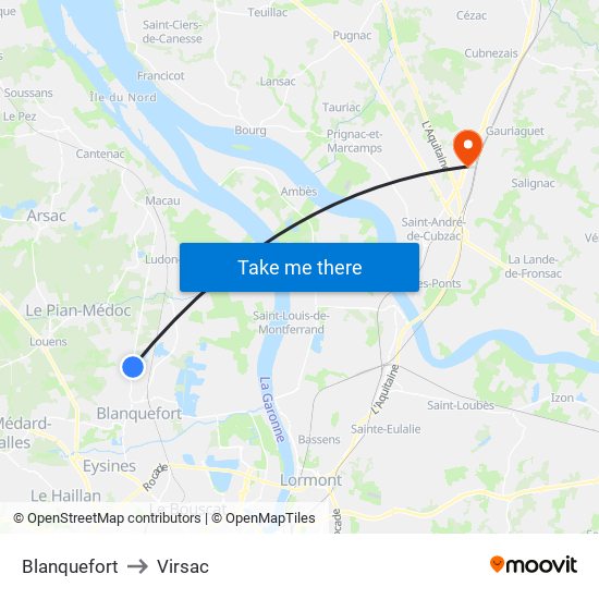Blanquefort to Virsac map