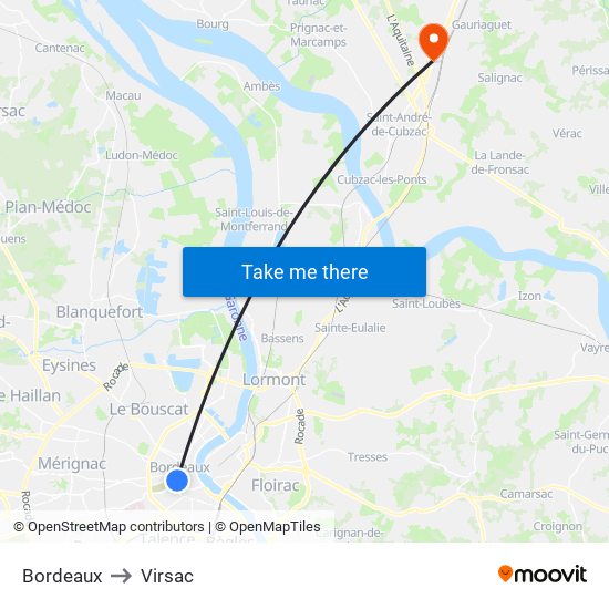 Bordeaux to Virsac map