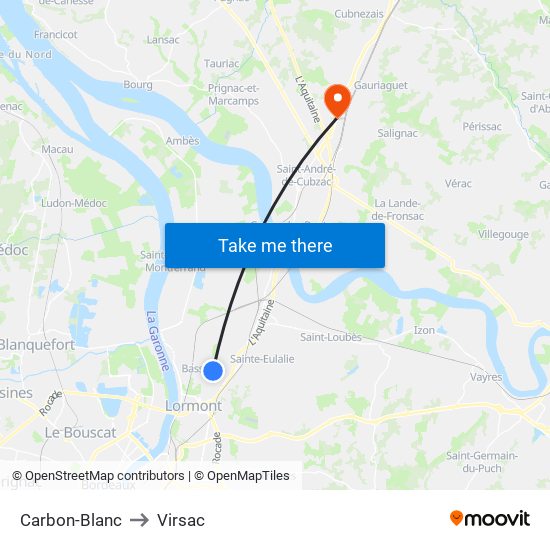 Carbon-Blanc to Virsac map