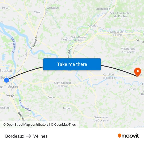 Bordeaux to Vélines map