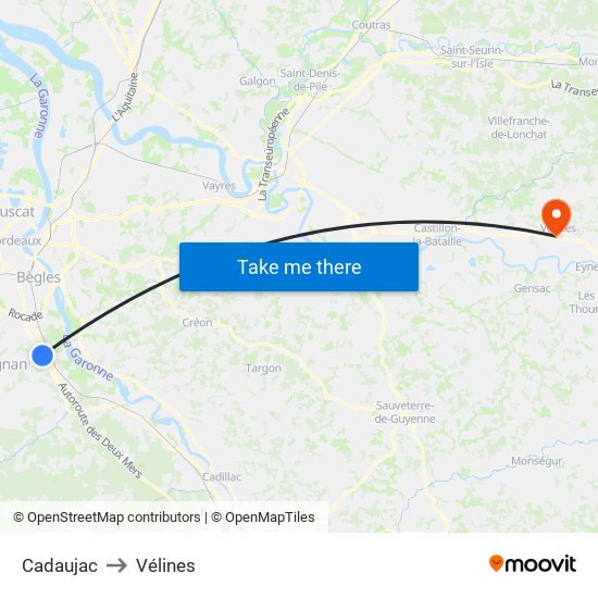 Cadaujac to Vélines map