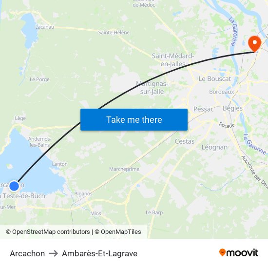 Arcachon to Ambarès-Et-Lagrave map