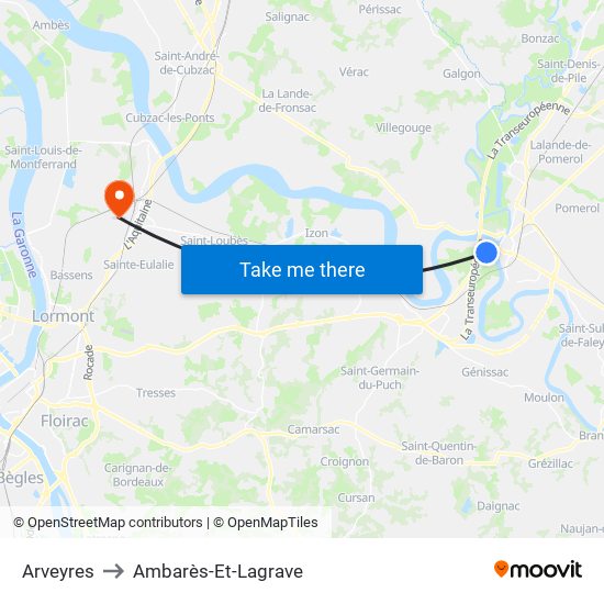 Arveyres to Ambarès-Et-Lagrave map