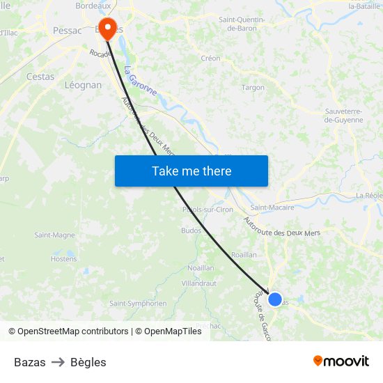 Bazas to Bègles map