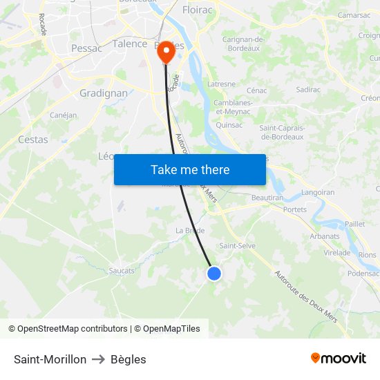 Saint-Morillon to Bègles map