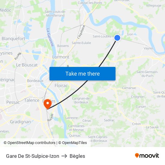Gare De St-Sulpice-Izon to Bègles map