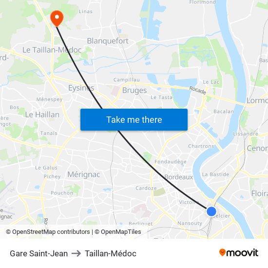 Gare Saint-Jean to Taillan-Médoc map