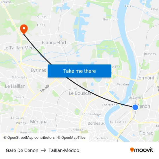Gare De Cenon to Taillan-Médoc map