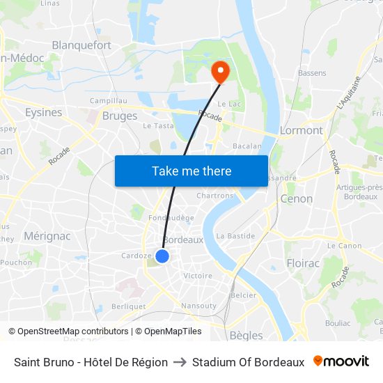 Saint Bruno - Hôtel De Région to Stadium Of Bordeaux map