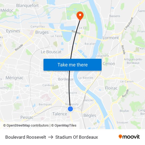 Boulevard Roosevelt to Stadium Of Bordeaux map