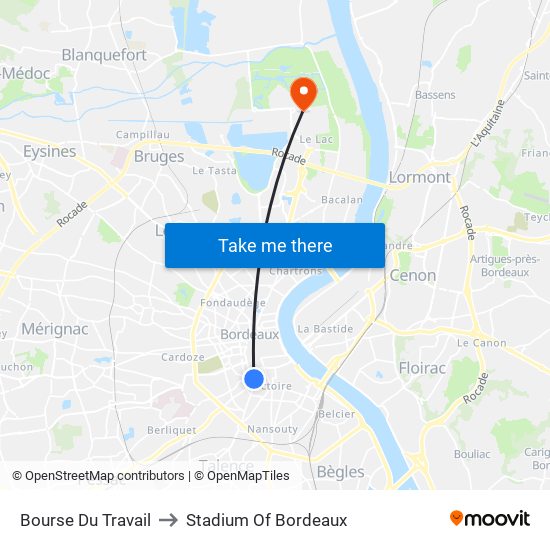 Bourse Du Travail to Stadium Of Bordeaux map