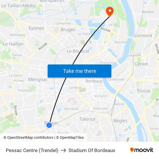 Pessac Centre (Trendel) to Stadium Of Bordeaux map