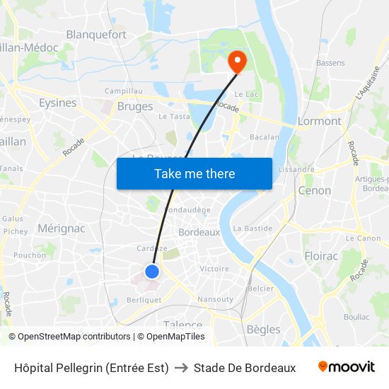 Hôpital Pellegrin (Entrée Est) to Stade De Bordeaux map