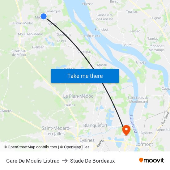 Gare De Moulis-Listrac to Stade De Bordeaux map