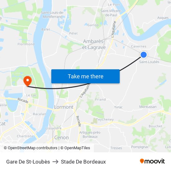 Gare De St-Loubès to Stade De Bordeaux map