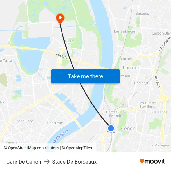 Gare De Cenon to Stade De Bordeaux map