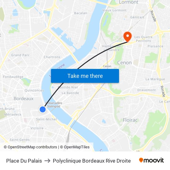 Place Du Palais to Polyclinique Bordeaux Rive Droite map