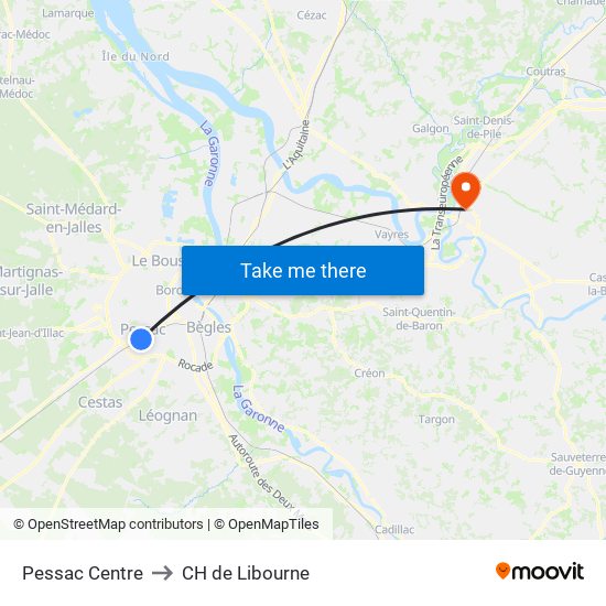 Pessac Centre to CH de Libourne map