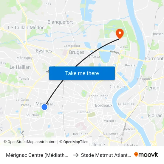Mérignac Centre (Médiathèque) to Stade Matmut Atlantique map