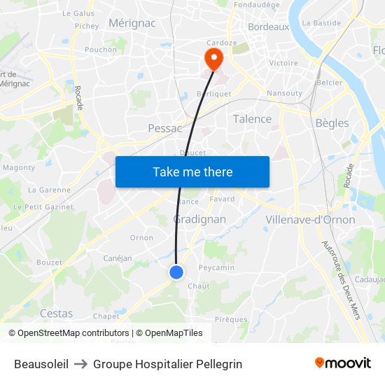 Beausoleil to Groupe Hospitalier Pellegrin map
