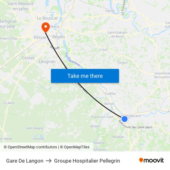 Gare De Langon to Groupe Hospitalier Pellegrin map