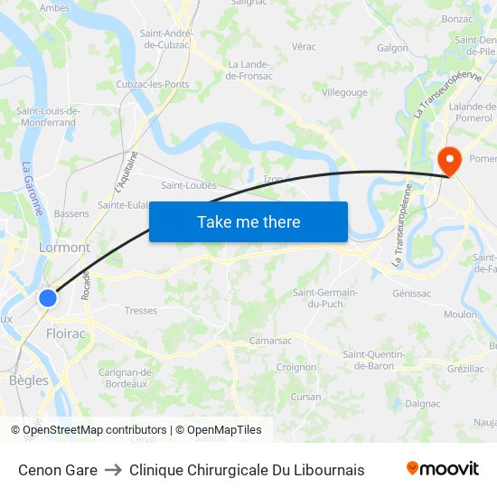 Cenon Gare to Clinique Chirurgicale Du Libournais map