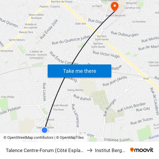 Talence Centre-Forum (Côté Esplanade) to Institut Bergonié map