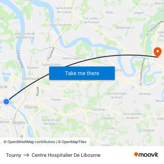 Tourny to Centre Hospitalier De Libourne map