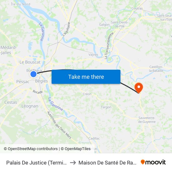 Palais De Justice (Terminus) to Maison De Santé De Rauzan map