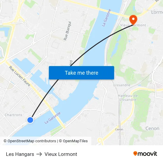 Les Hangars to Vieux Lormont map