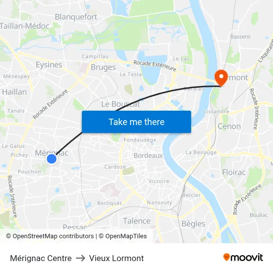 Mérignac Centre to Vieux Lormont map