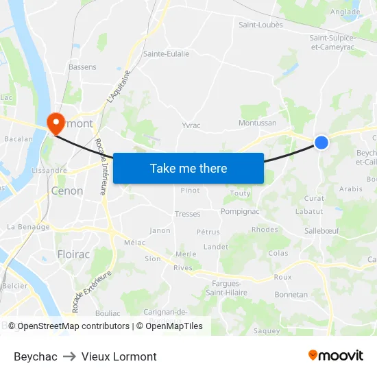 Beychac to Vieux Lormont map