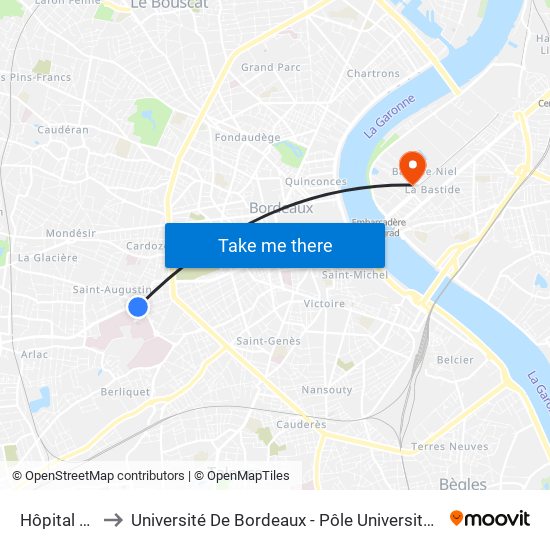 Hôpital Pellegrin to Université De Bordeaux - Pôle Universitaire Des Sciences De Gestion map