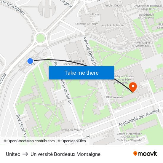 Unitec to Université Bordeaux Montaigne map