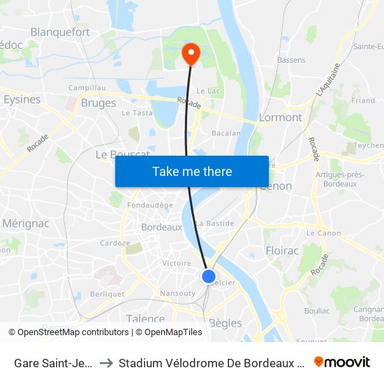 Gare Saint-Jean to Stadium Vélodrome De Bordeaux Lac map
